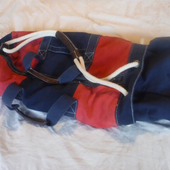 J, Crew Heavy Blue and Red Canvas Duffle Bag J Crew Canvas Rope pull string Bag - Picture 7 of 13